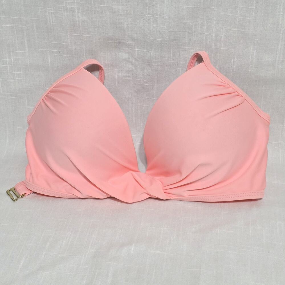 Tahiti Pink Halter Bikini Swim Top Size M Molded Cups Tie Back Gold Hardware